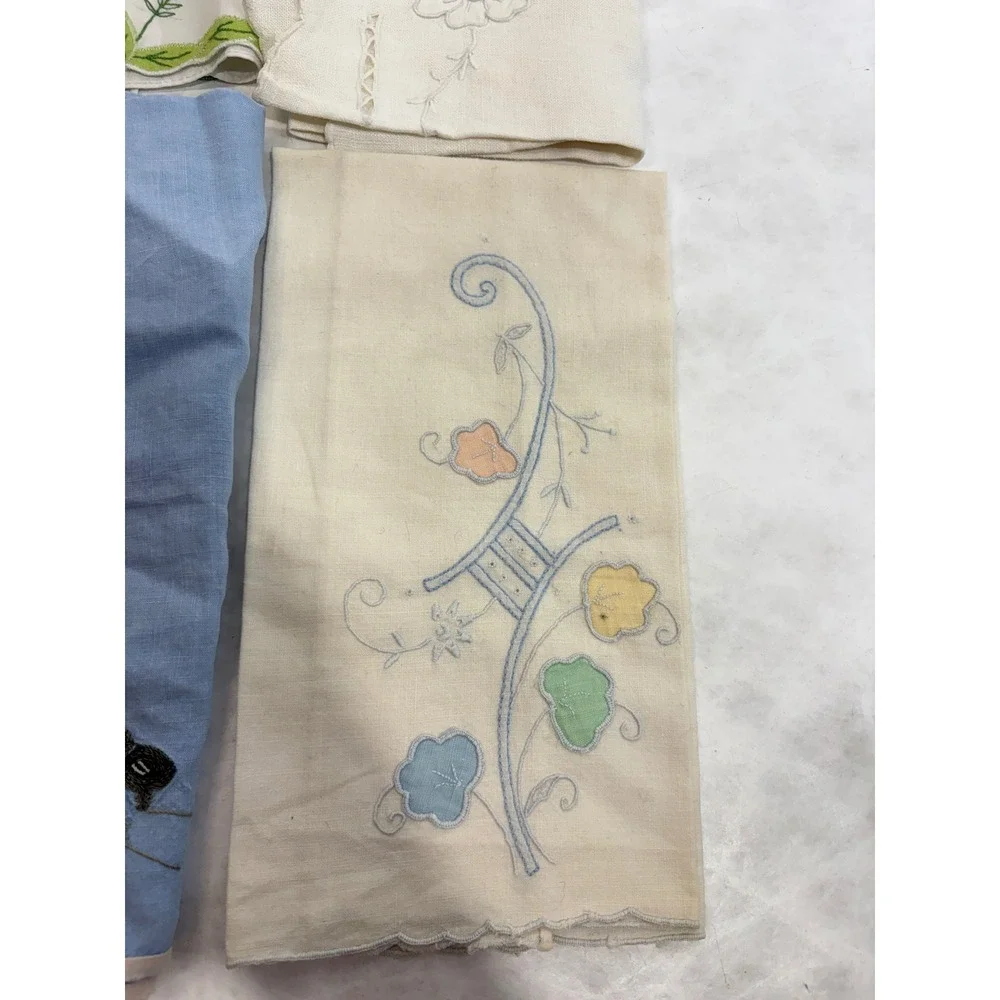 Vintage Hand Embroidered Linen Lot Floral Bird Scalloped Edge Tea Towels 4pc